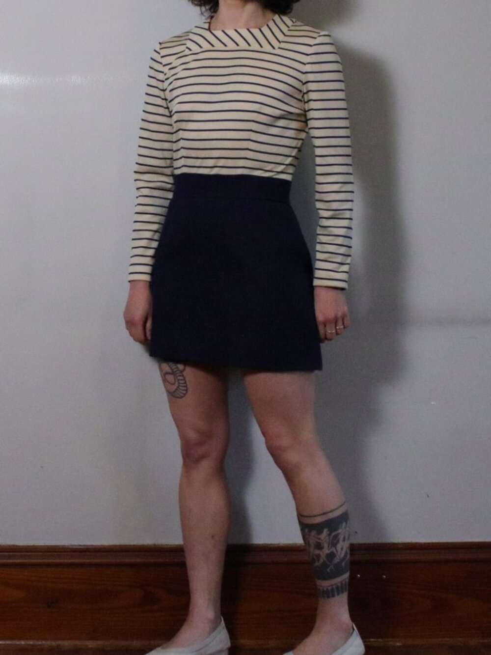Vintage 70s/80s Blue & White Long Sleeved Mini Dress S
